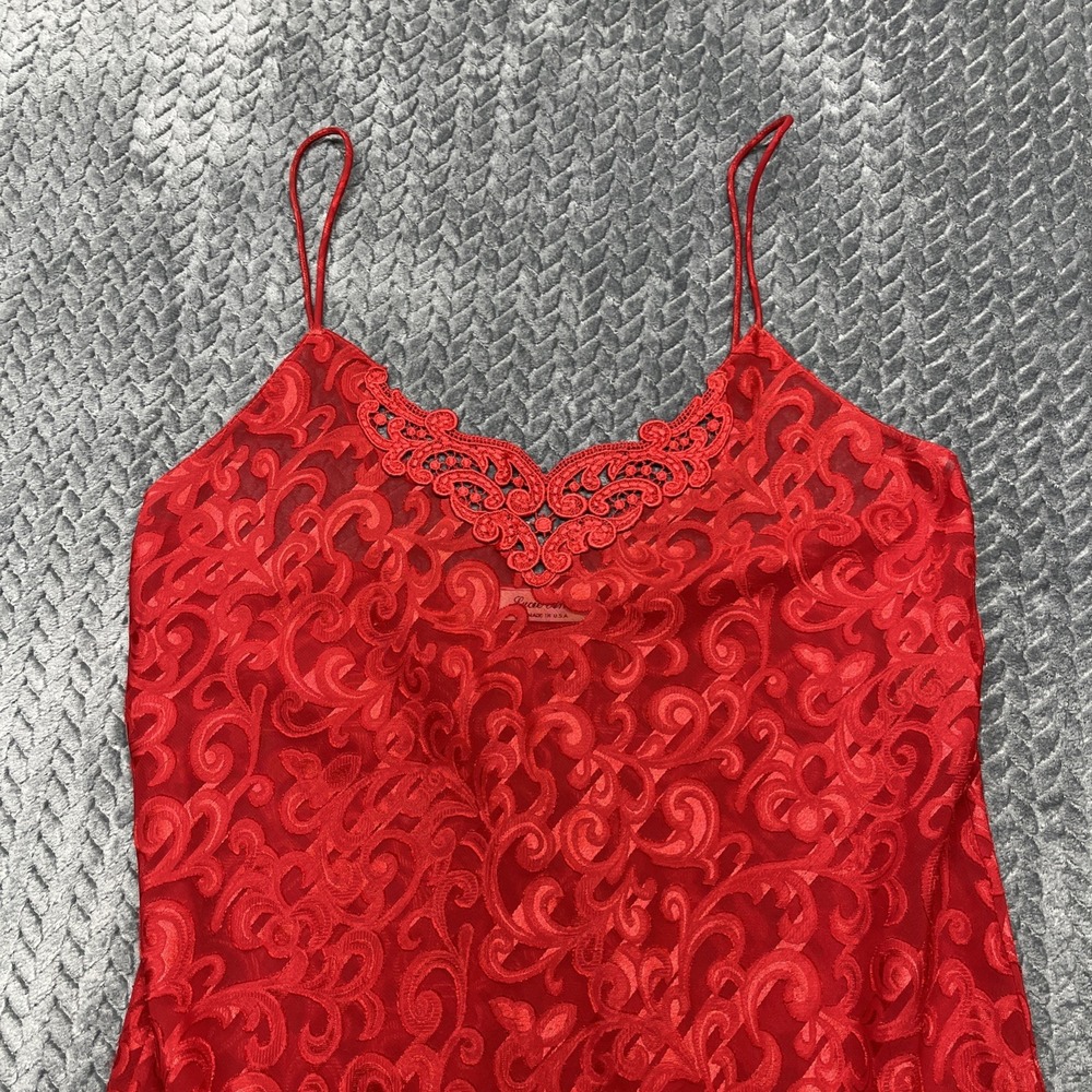 Lucie Ann Nightgown Red Brocade Small Slip Sheer Embroidered Strappy‎ Vintage